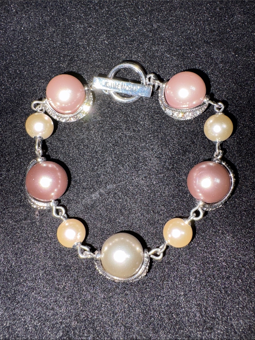 Givenchy Signed Faux Pearl & Rhinestone Bracelet - Pink, Cream, Silver Tone